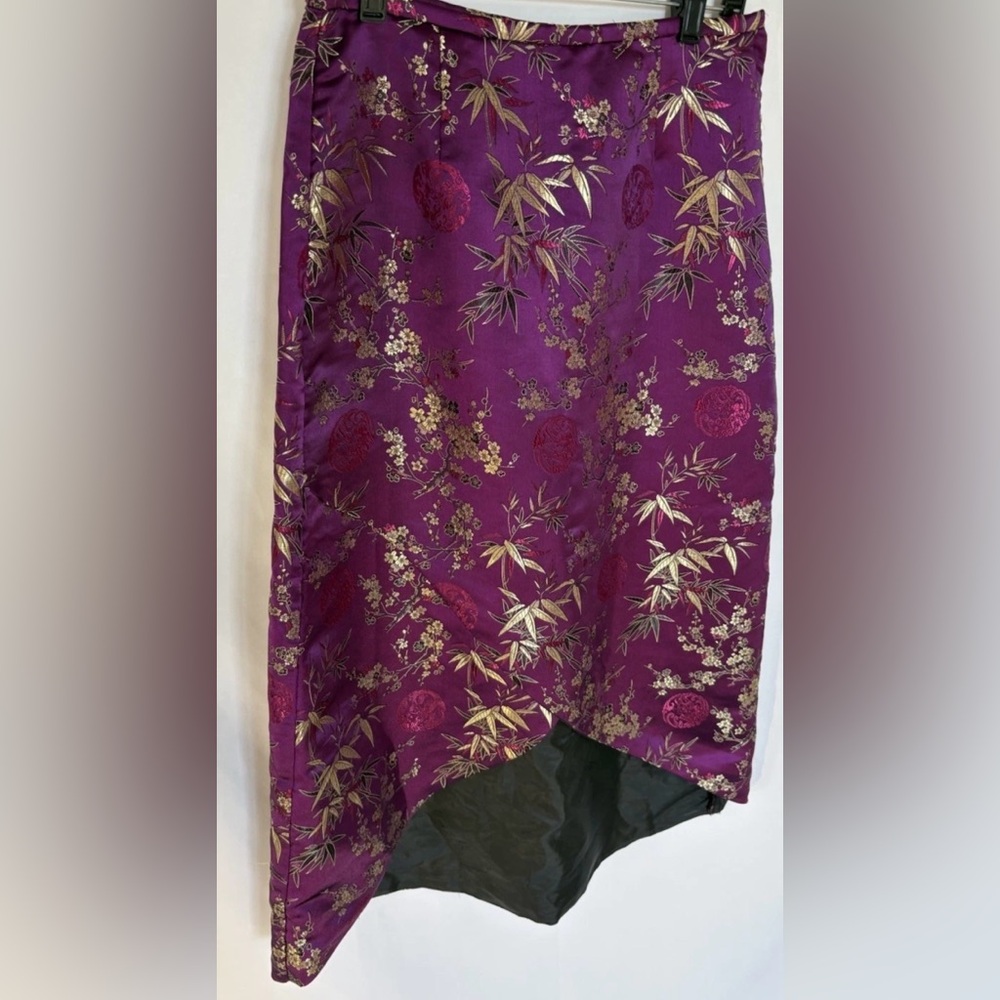 Satin Brocade Chinese Asymmetrical Skirt Hi Lo Purple Gold Sz 6 Lined Side Zip